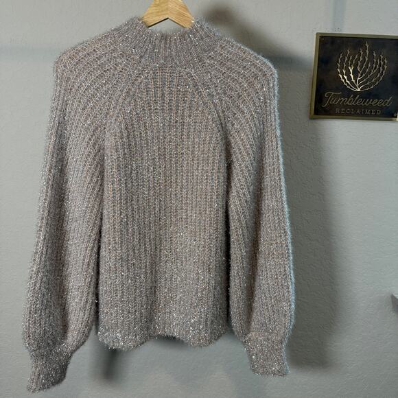 See and Be Seen Women's Silver Metallic and Tan Eyelash Sweater Size S - Picture 2 of 10
